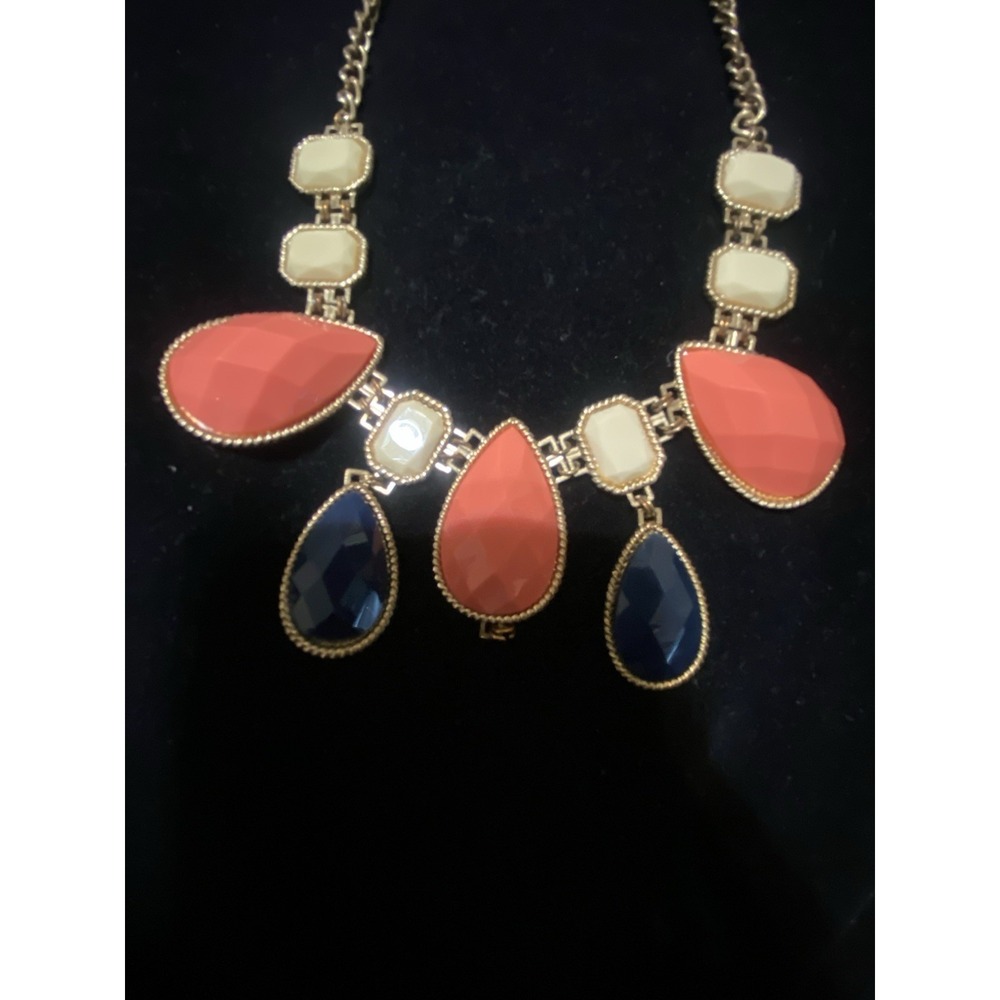 Aldo Vintage Gold Tone Pink, Blue And White Stone Bib Necklace